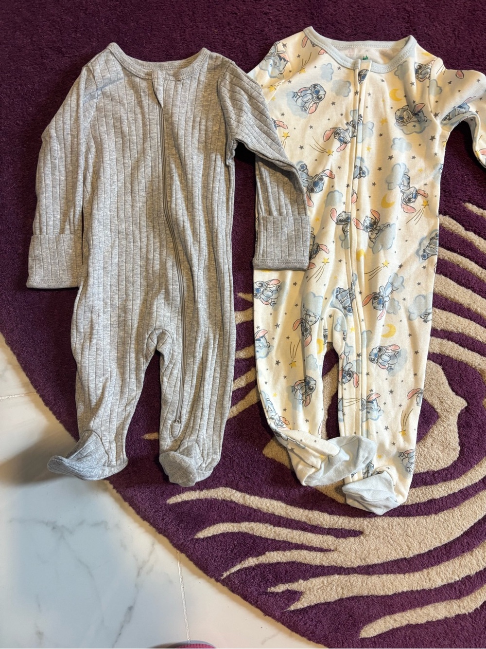 Disney Gray Ribbed & Cream Print Baby Footed One-Pieces (2-Pack)